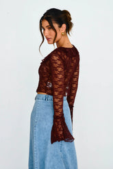 Siren Long Sleeve Tied Lace Top Brown